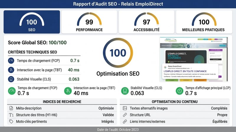 Rapport Lighthouse 100 SEO 99 Performance 97 Accessibilité - code propre et visible
