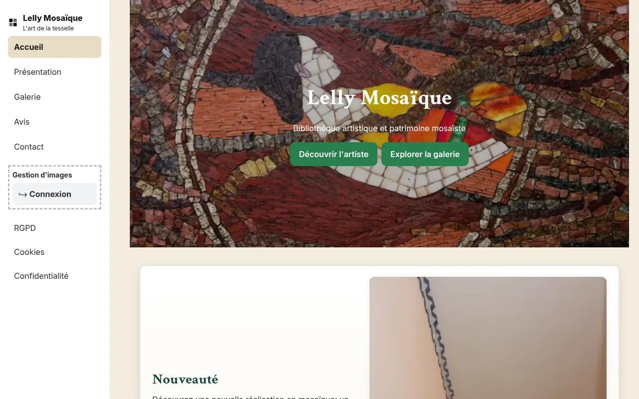 Capture d'écran du site Lelly Mosaïque sur ordinateur